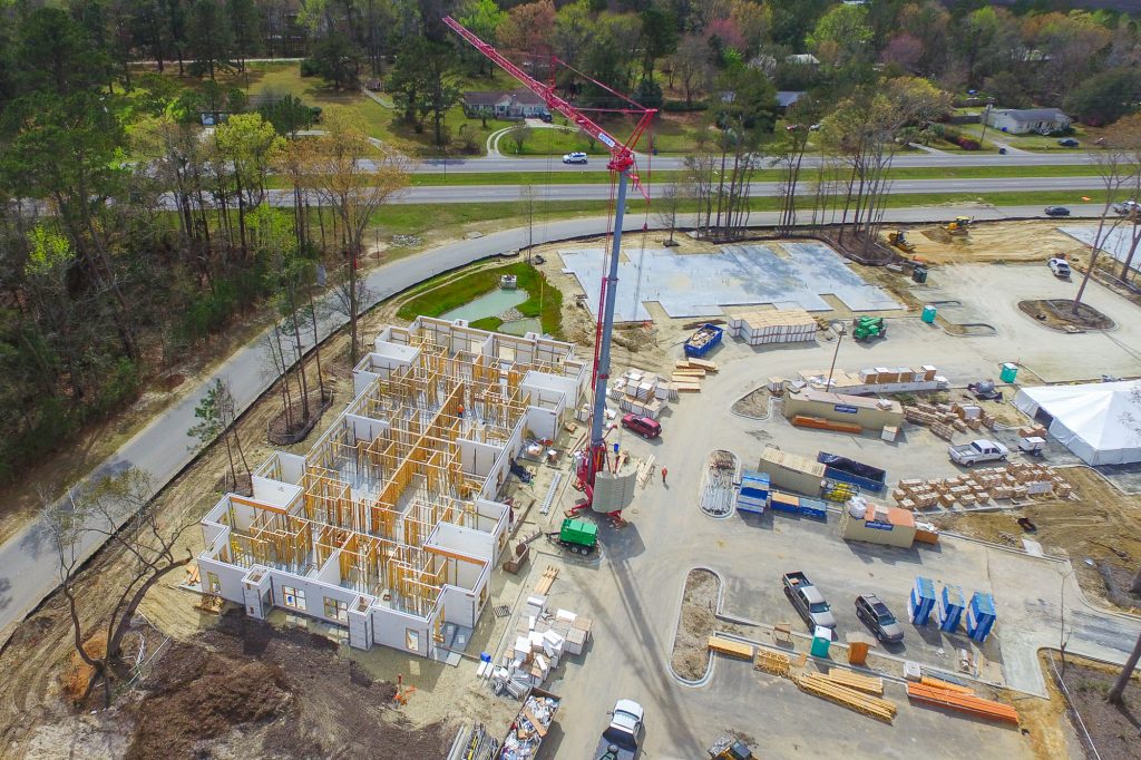Aerial view of 17 South Apartments under construction showing large-scale multifamily ICF construction in Charleston