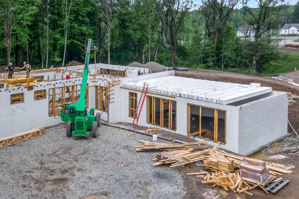 AmDeck roof system installed over Amvic™ ICF walls during construction