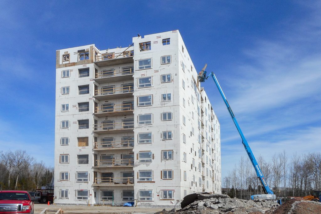 Ontario Finnish Rest Home nine-storey apartment building under construction with Amvic™ ICF walls in Sault Ste. Marie, Ontario