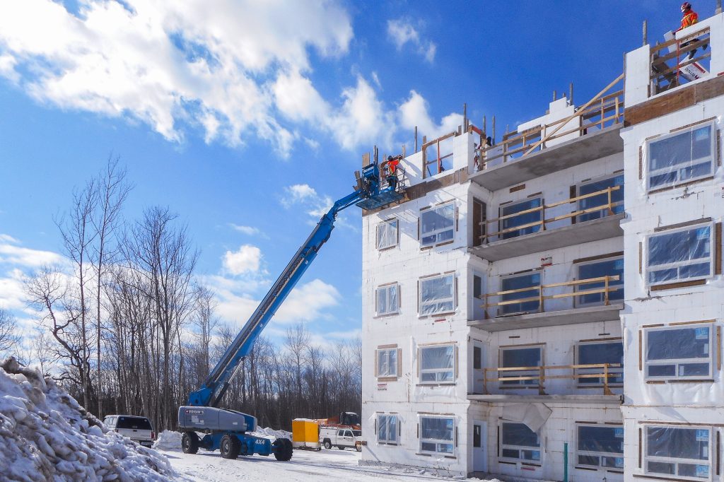 Amvic™ ICF exterior walls under construction on the Ontario Finnish Rest Home multifamily building