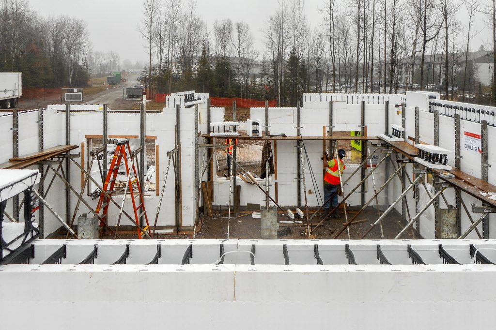 Interior and exterior Amvic™ ICF walls under construction at the Ontario Finnish Rest Home apartment project