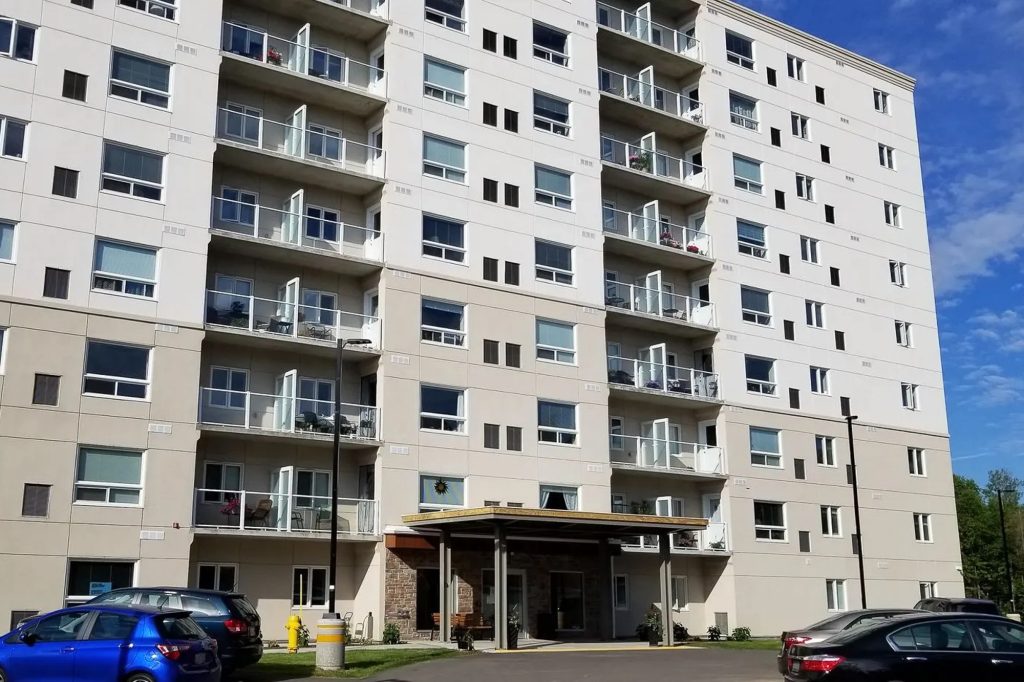Completed Ontario Finnish Rest Home nine-storey ICF apartment building in Sault Ste. Marie, Ontario