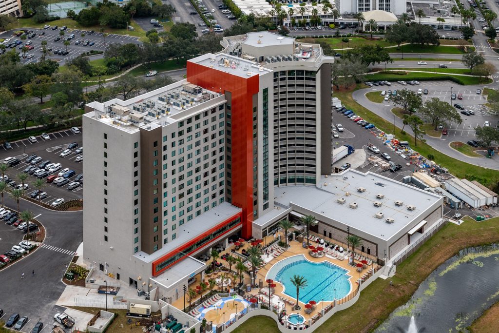 Aerial view of the completed Drury Plaza Hotel and 15-story tower addition in Lake Buena Vista, Florida