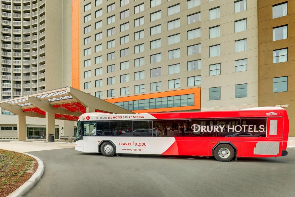 Drury Hotels shuttle bus outside the entrance of the Drury Plaza Hotel in Lake Buena Vista, Florida